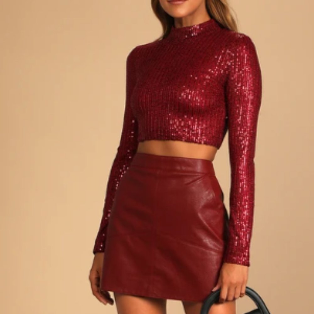 Dazzling Beauty Wine Red Sequin Long Sleeve Mock Neck Crop Top